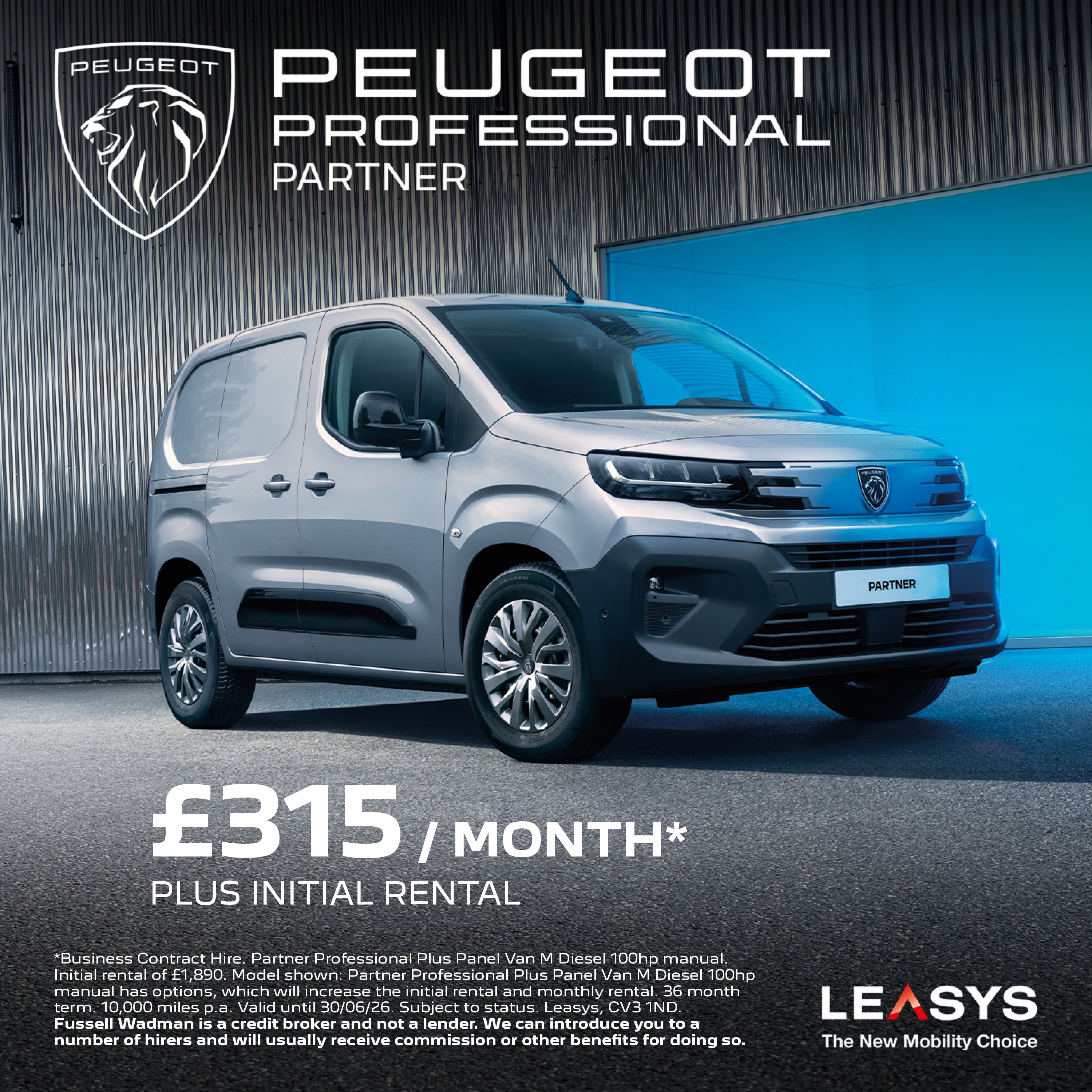 Peugeot Partner Van Lease – £315 + VAT Per Month